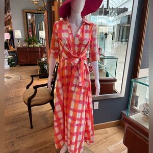 Eva Franco Vibrant Pink and Orange Checkered Maxi Dress